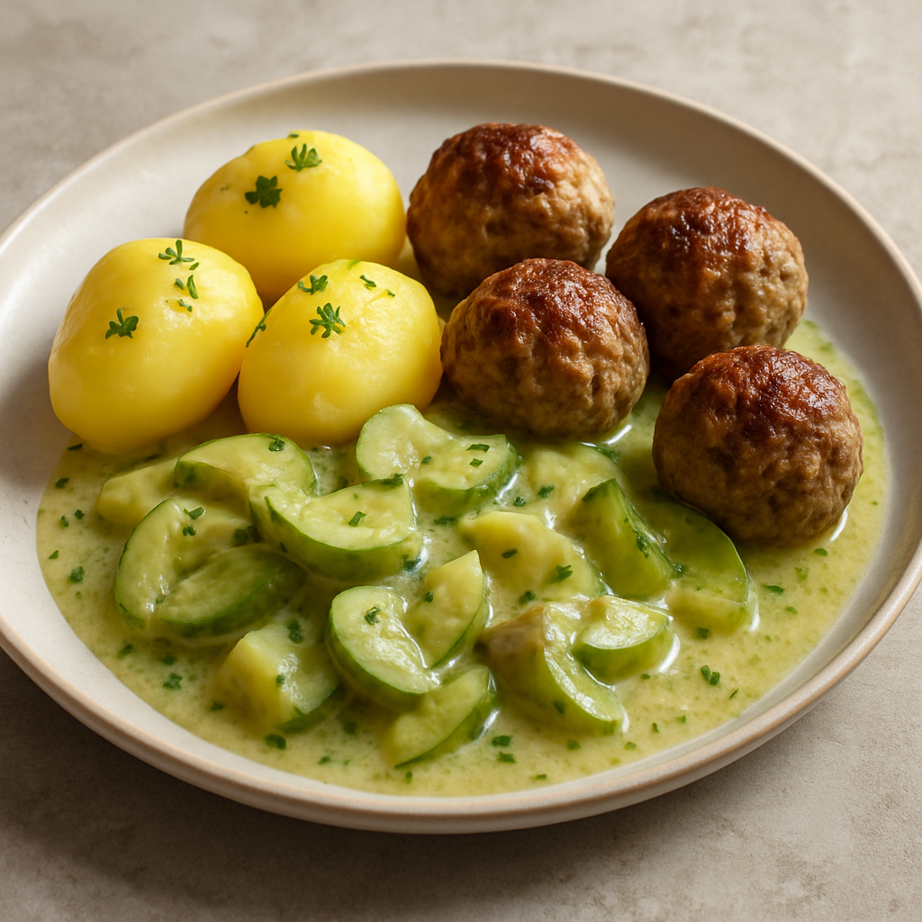 Schmorgurken mit Salzkartoffen und Hackfleischbällchen